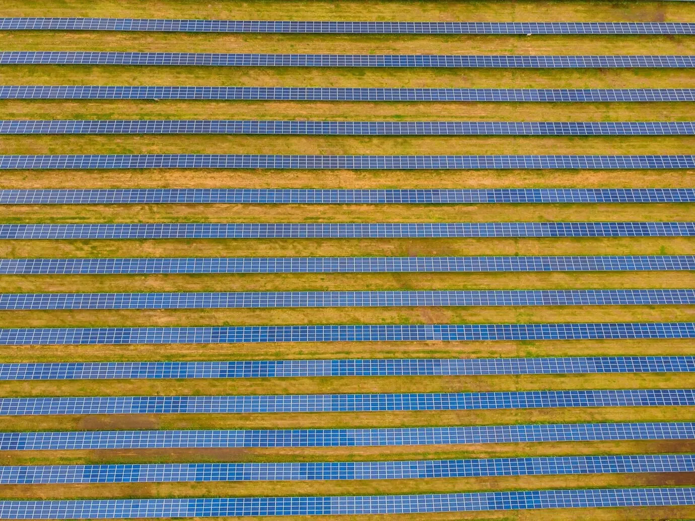 Aerial view of solar panels at a solar power plant in a field.
