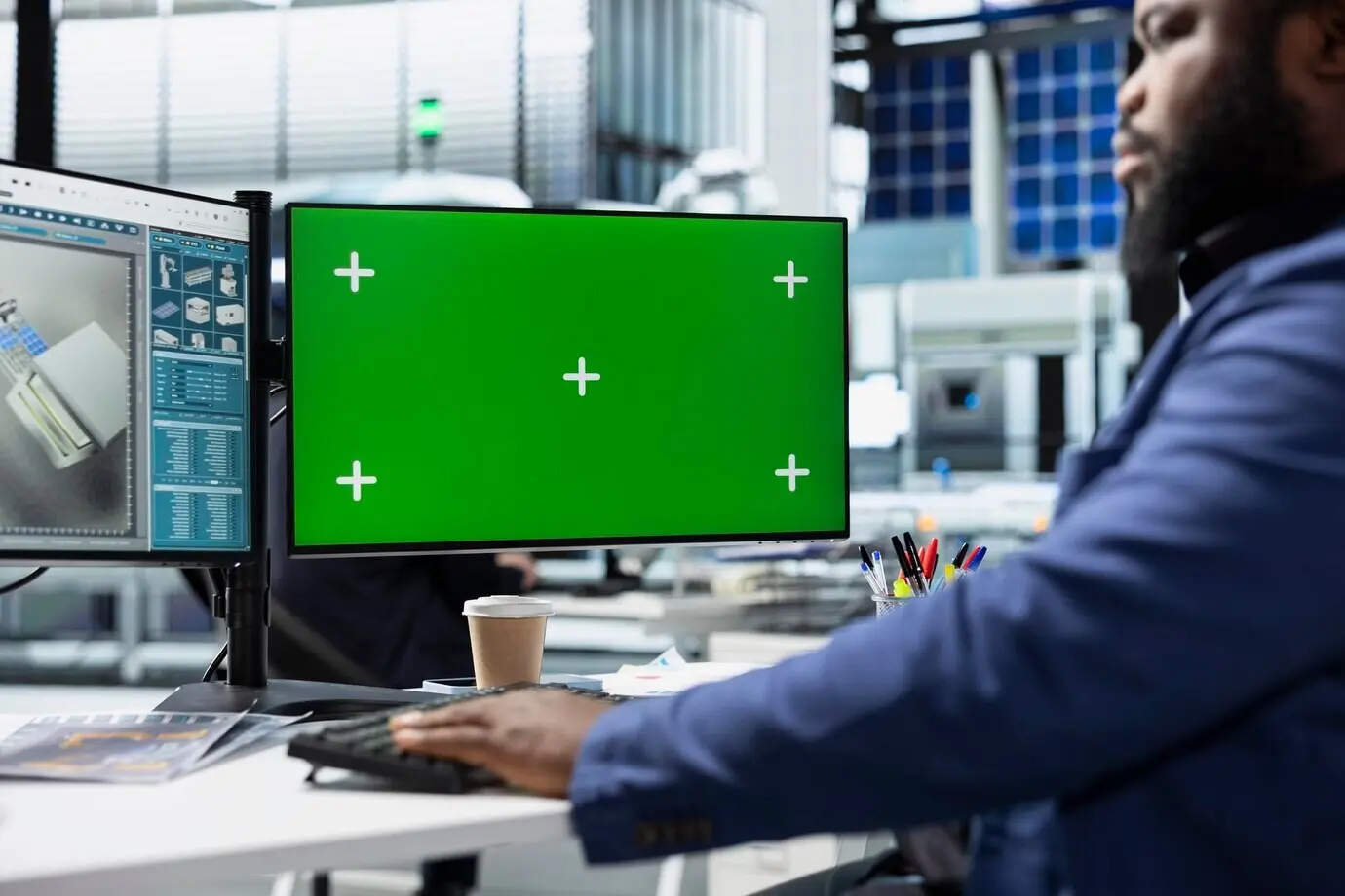 A solar plant worker records inspection notes beside a chroma key.