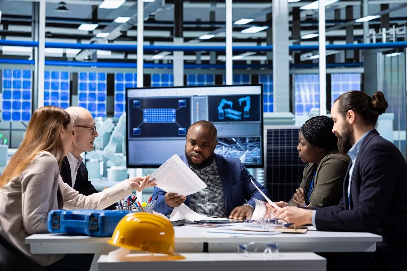 Solar panel factory shareholders reviewing files for competitor analysis.